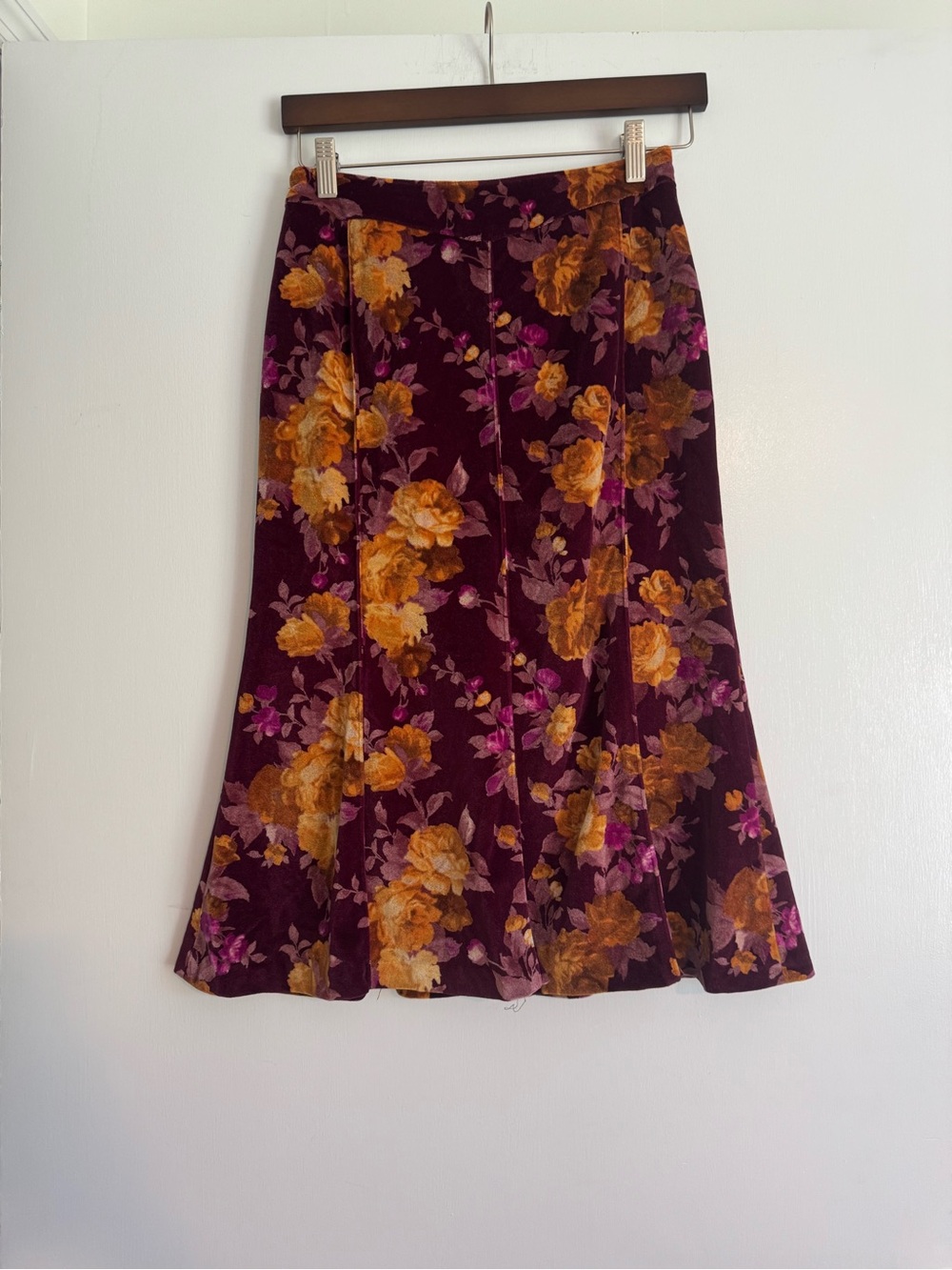 A-Line Velvet Midi Skirt in Burgundy Floral